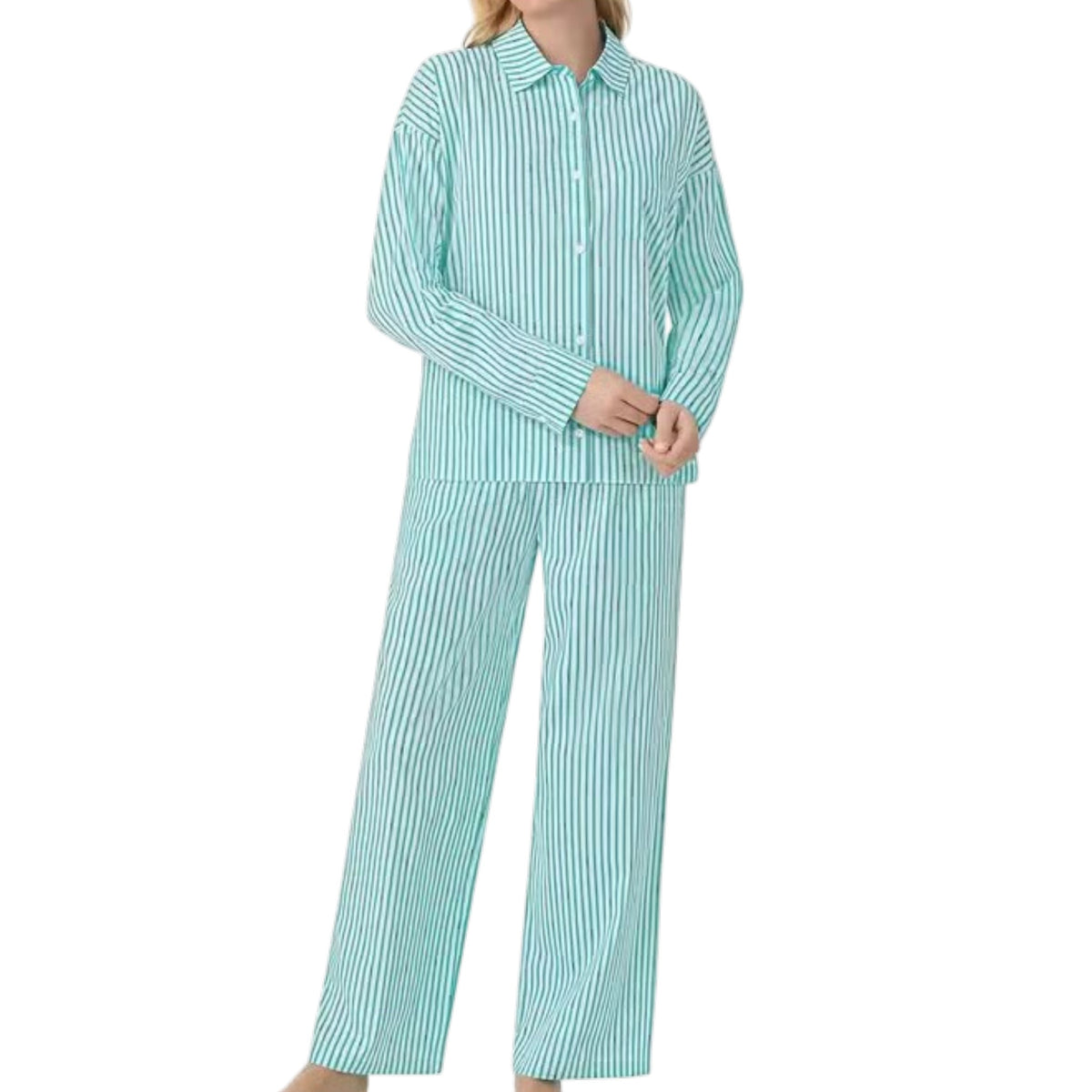 DKNY Women's 2 Piece Lightweight Woven Pyjama Set - Green Stripe SIZE - XXL