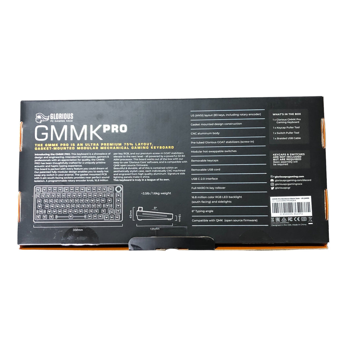 Glorious GMMK Pro 75% RGB Barebones Premium Compact Modular Mechanical Keyboard - Slate Black