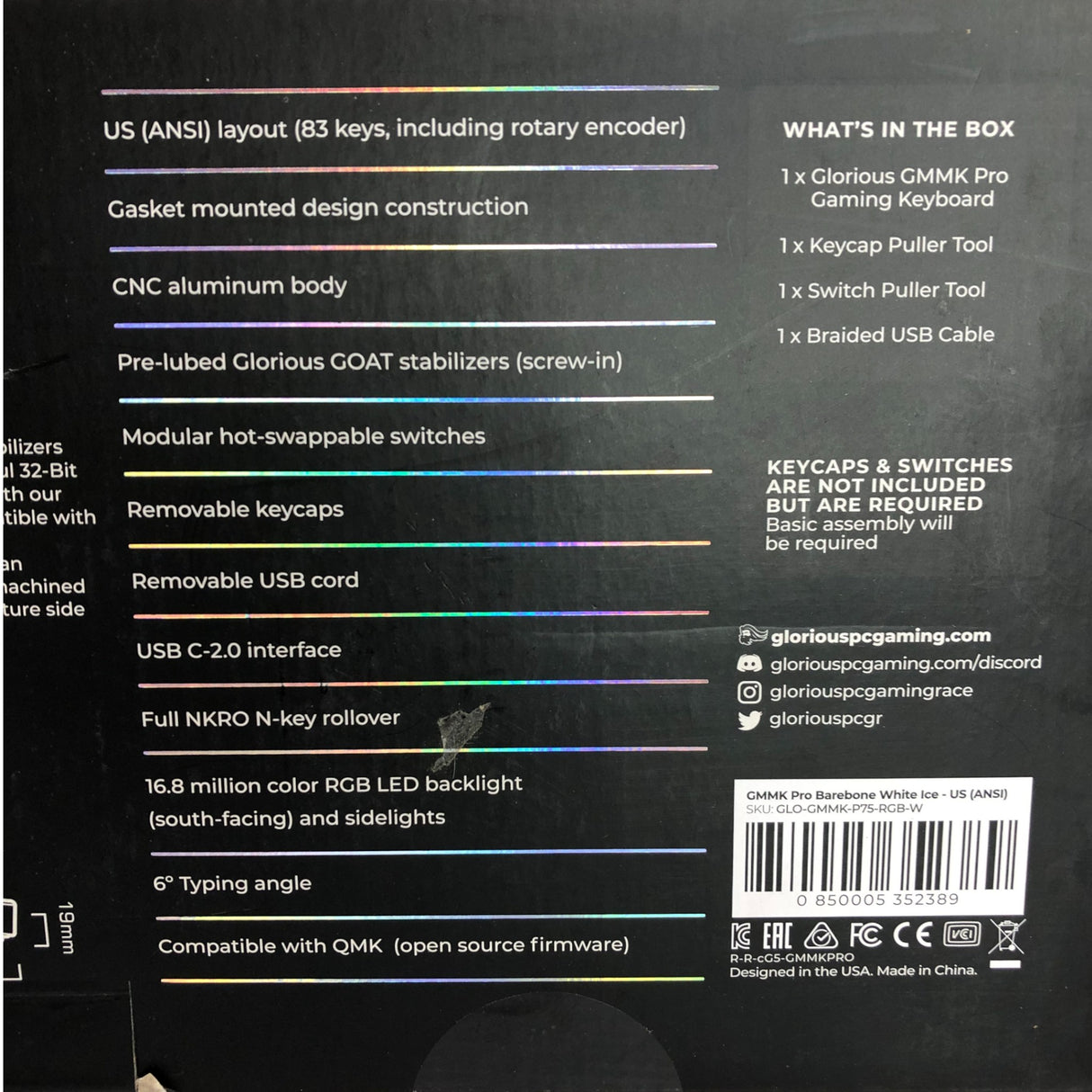 Glorious GMMK Pro 75% RGB Barebones Premium Compact Modular Mechanical Keyboard - White Ice