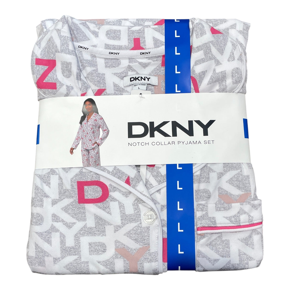 DKNY Women's 2 Piece Notched Collar Pyjama Set - Light Grey SIZE - Large