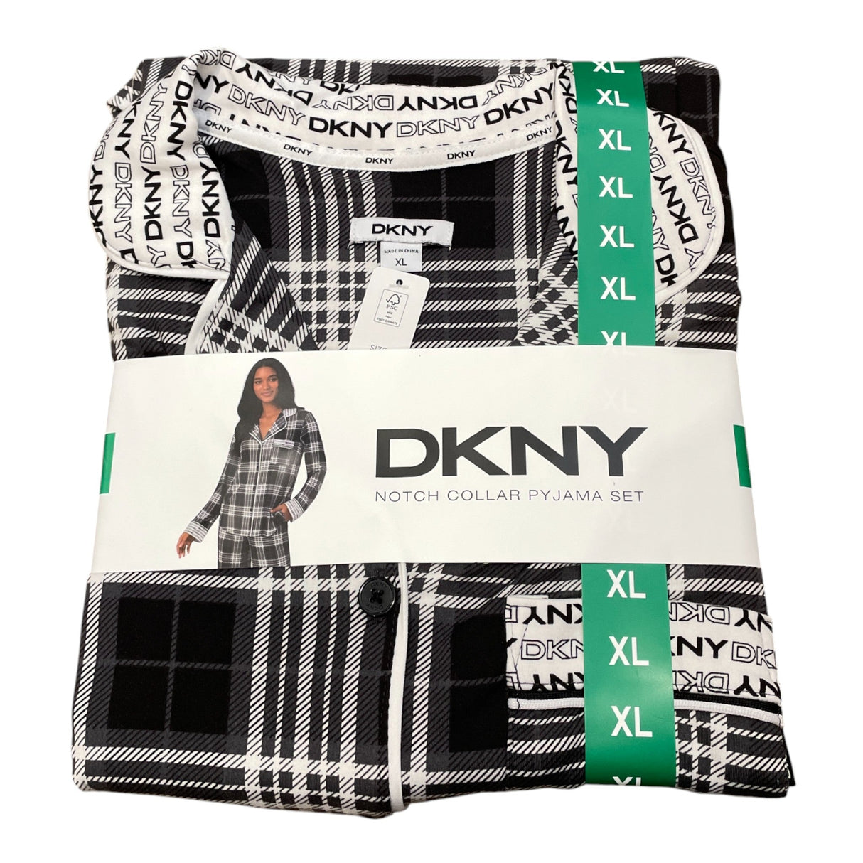 DKNY Women's 2 Piece Notched Collar Pyjama Set - Black Plaid SIZE - Extra Large