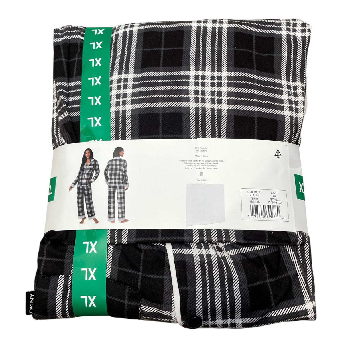 DKNY Women's 2 Piece Notched Collar Pyjama Set - Black Plaid SIZE - Extra Large