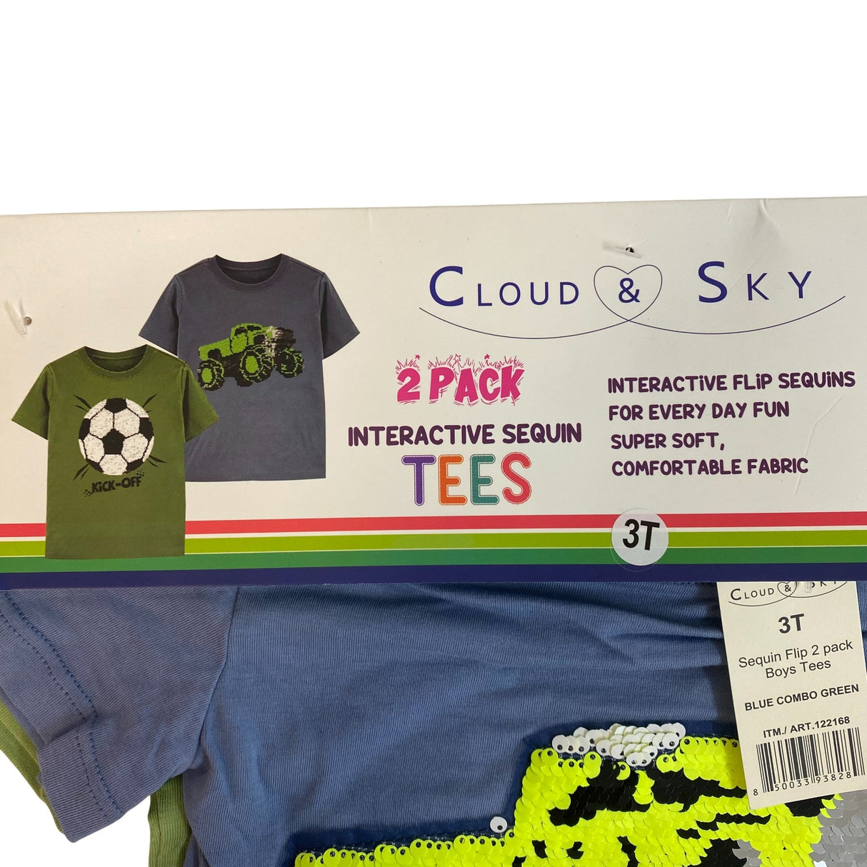 Cloud & Sky 2x Boys Sequin Flip Tees - Blue Combo Green SIZE - 3