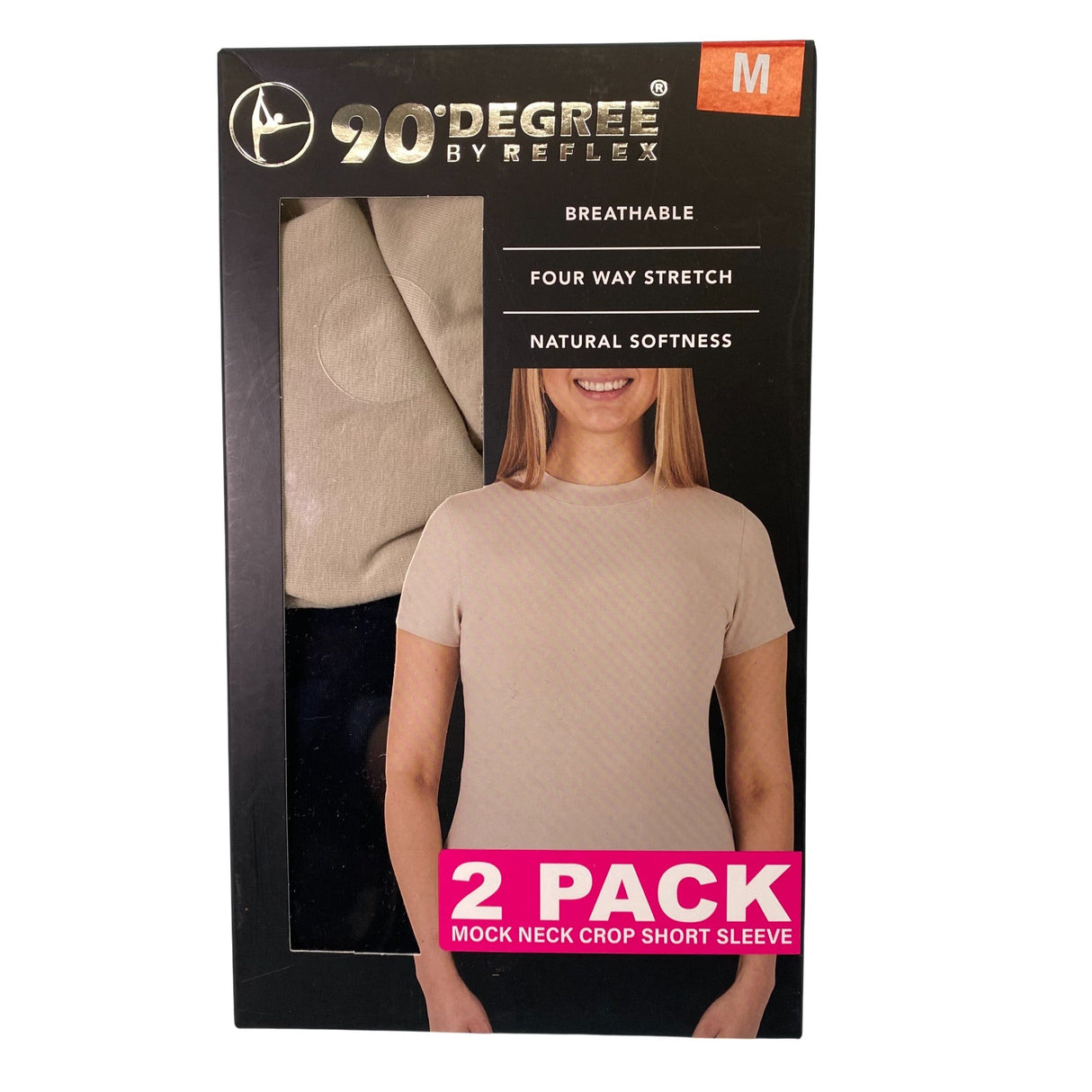 90 Degree By Reflex 2 Pack Mock Neck Crop Short Sleeve Tee Tan/Black SIZE - Medium