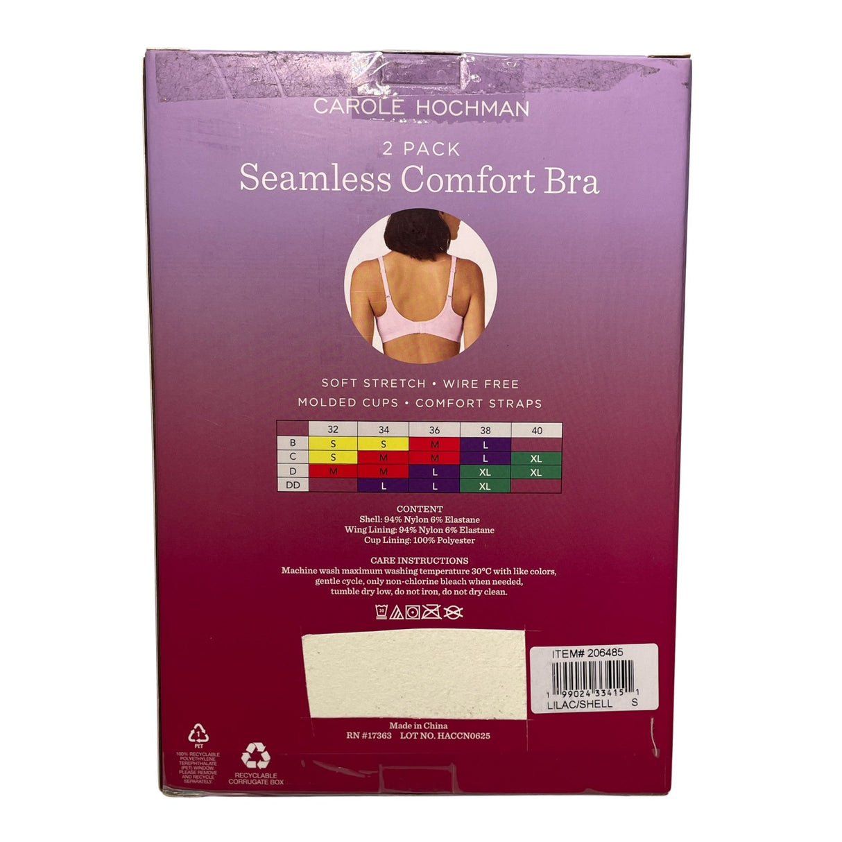 Carole Hochman 2 Pack Seamless Comfort Bra Lilac/Shell SIZE - Small