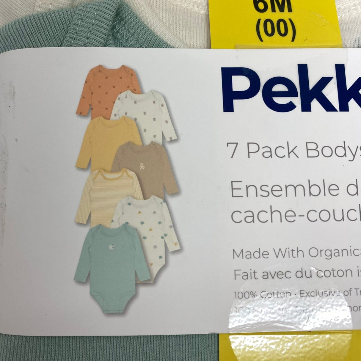 Pekkle Kid's 7 Pack Bodysuit Organic Cotton - Yellow - 6 Months SIZE - 6