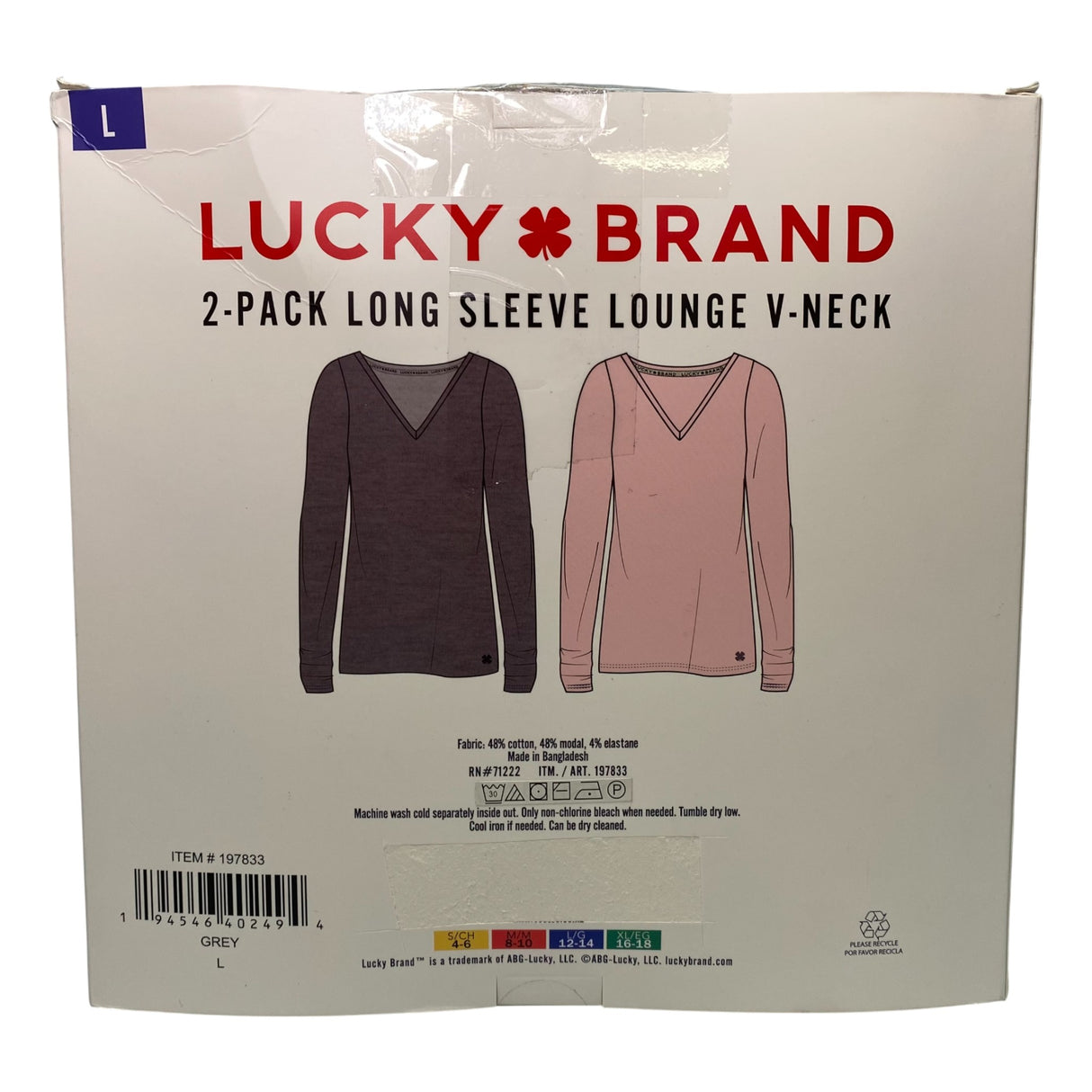 Lucky Brand 2 Pack Long Sleeve Lounge V-Neck Grey/Pink SIZE - Large