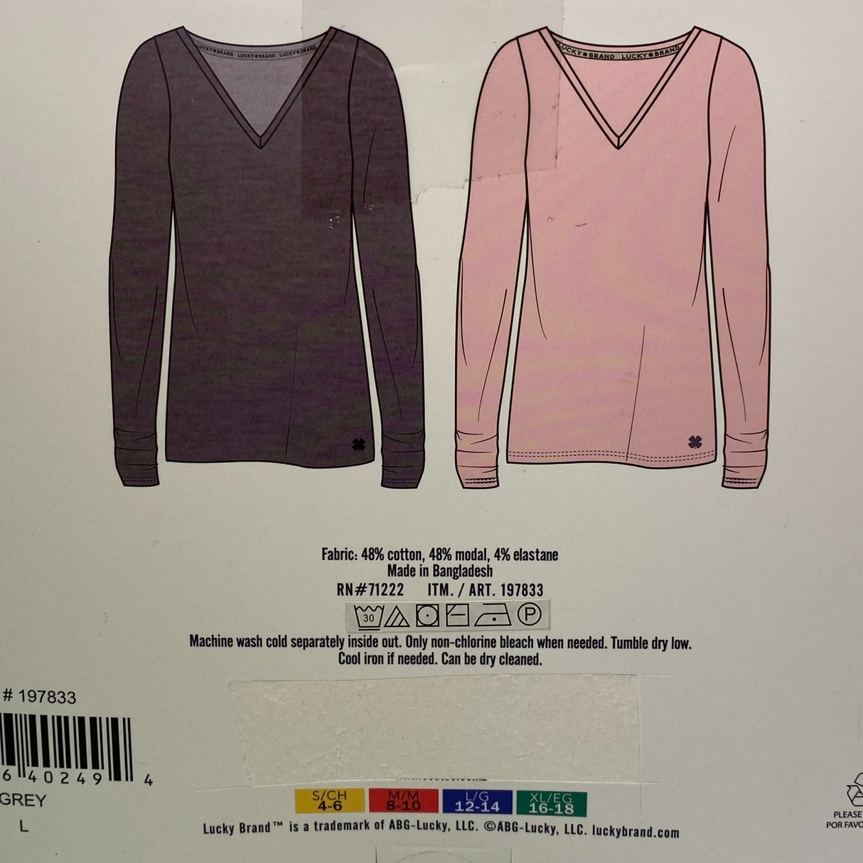 Lucky Brand 2 Pack Long Sleeve Lounge V-Neck Grey/Pink SIZE - Large