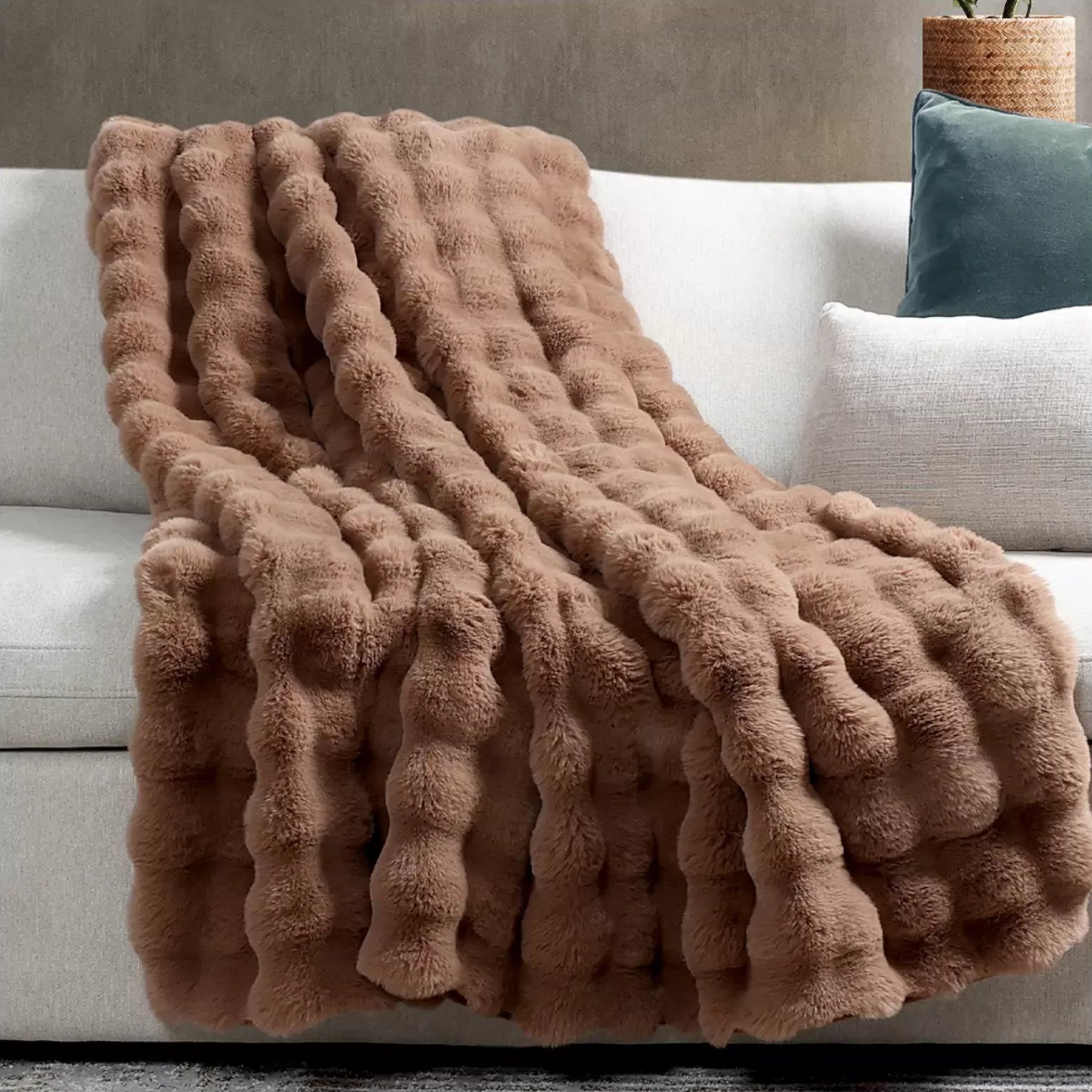 House & Home Bubble Faux Fur Throw - Light Brown