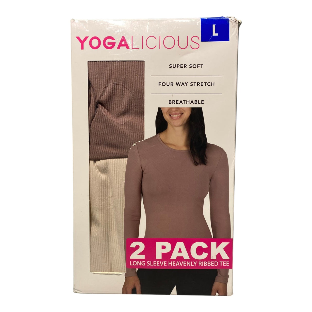Yogalicious 2x Women's Long Sleeve Heavenly Ribbed Tee Cream/Pink SIZE - Large