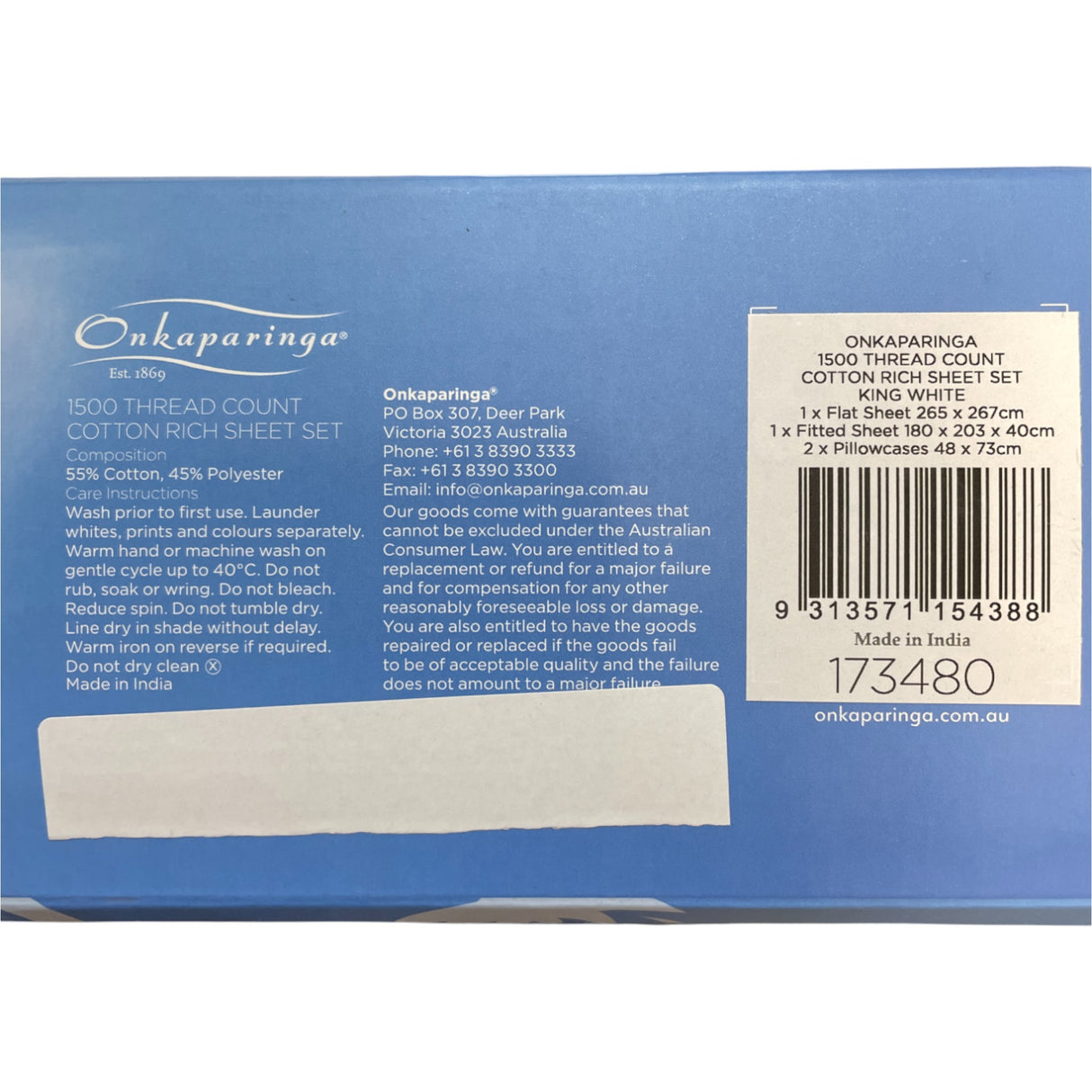 Onkaparinga Cotton Rich 1500 Thread Count Sheet King 4 Piece Set - White