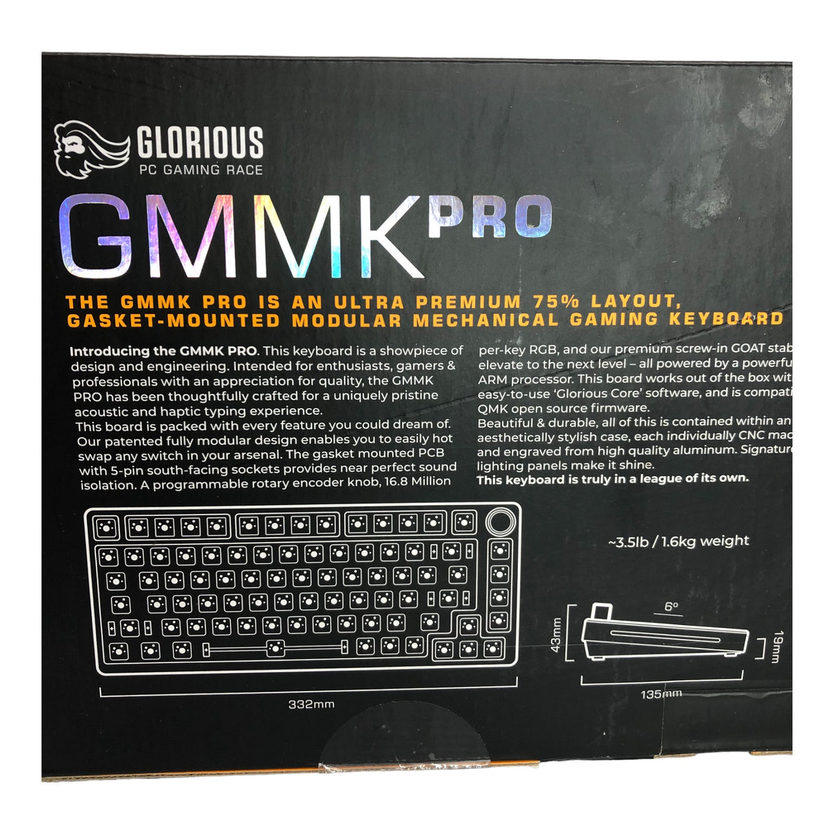 Glorious GMMK Pro 75% RGB Barebones Premium Compact Modular Mechanical Keyboard - White Ice