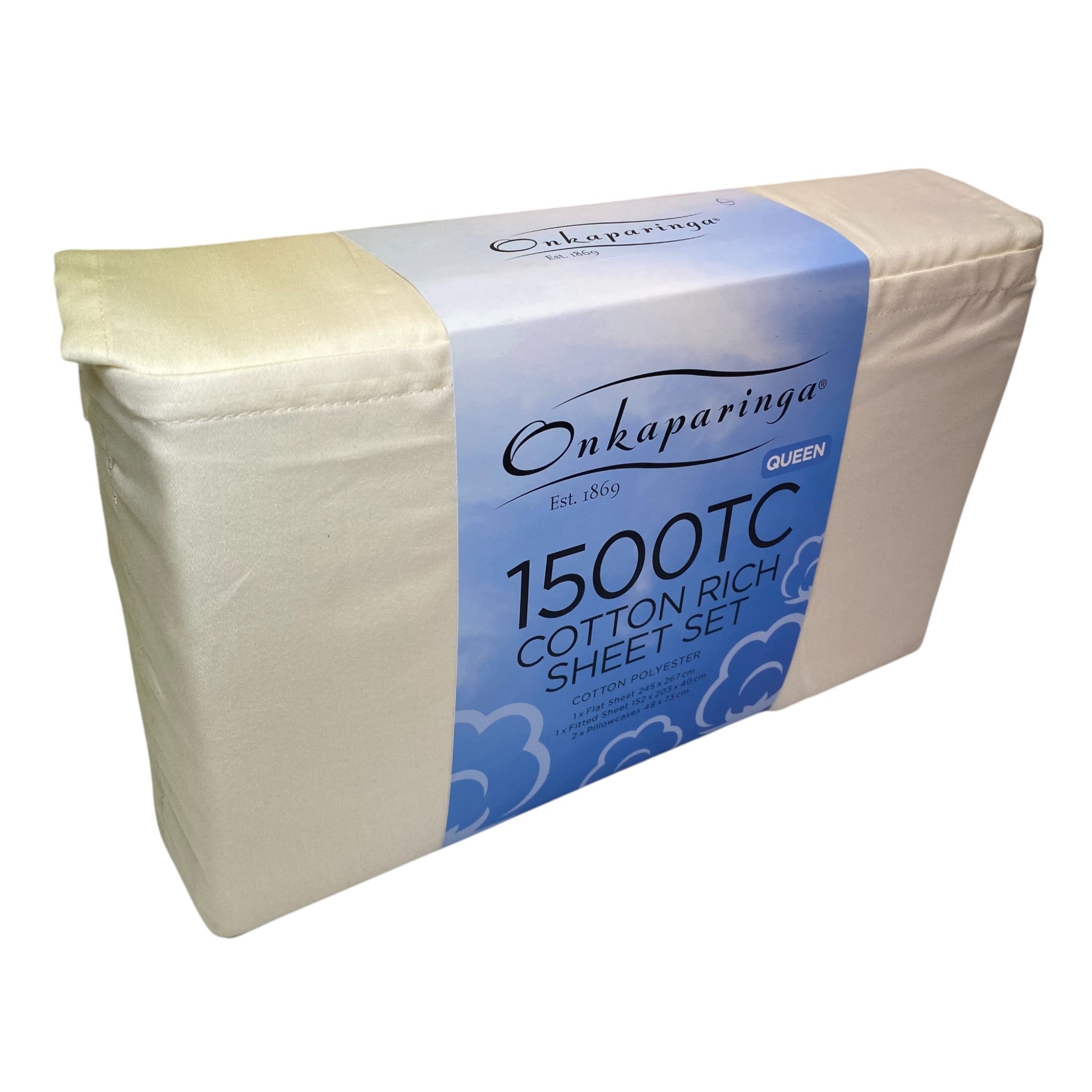 Onkaparinga Cotton Rich 1500 Thread Count Sheet Queen 4 Piece Set - Cream