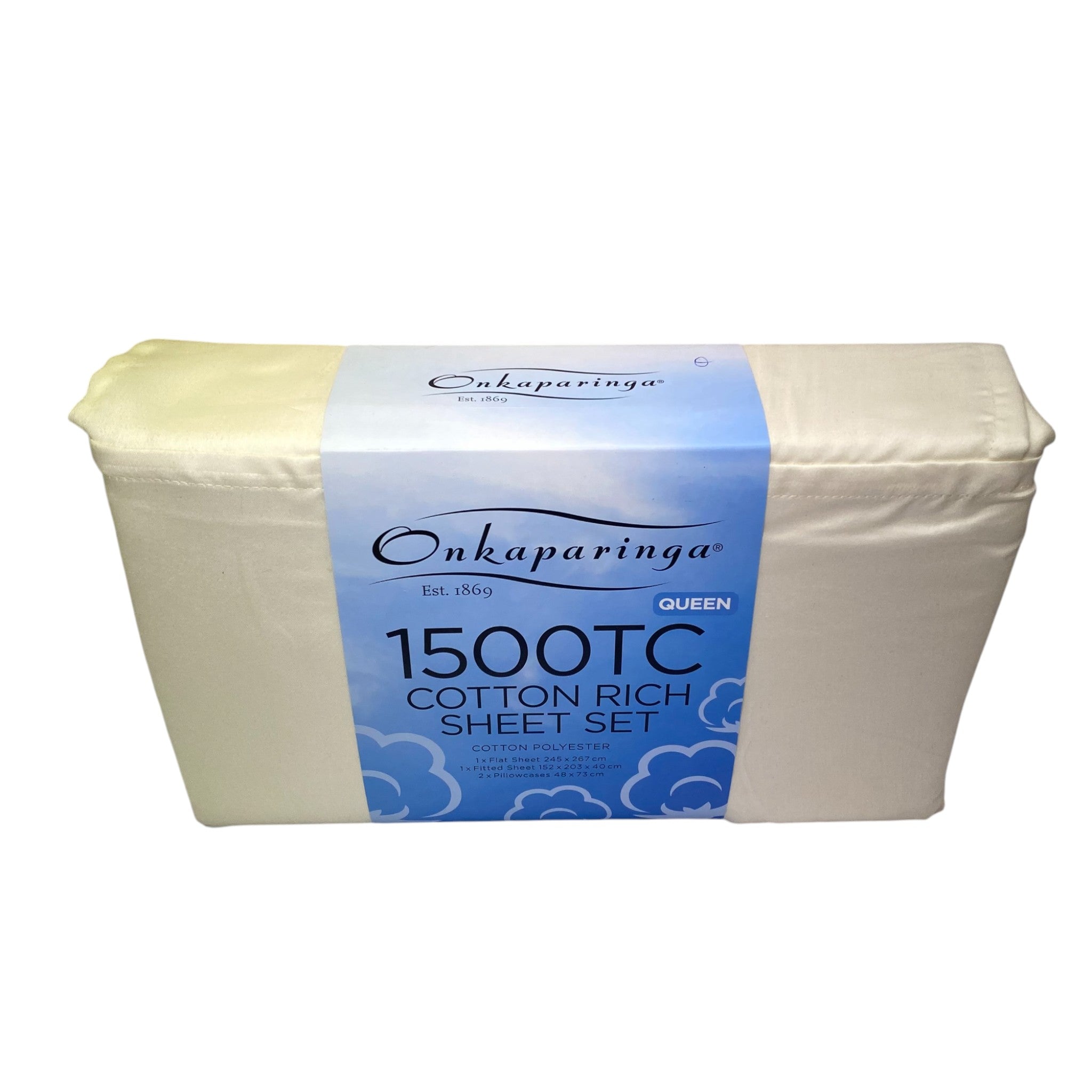 Onkaparinga Cotton Rich 1500 Thread Count Sheet Queen 4 Piece Set - Cream