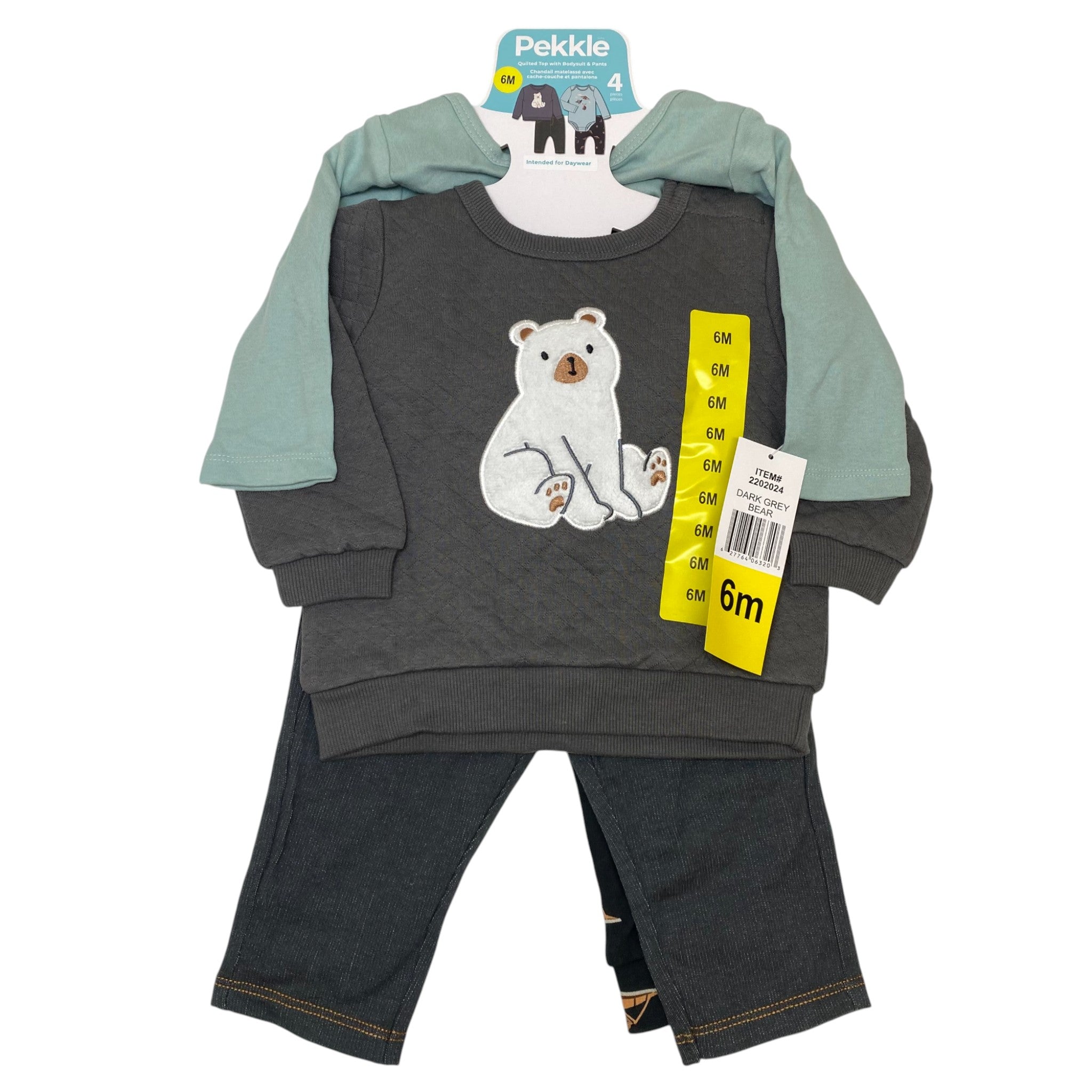 Pekkle Baby 4 Piece Clothing Set - Dark Grey Bear 6M