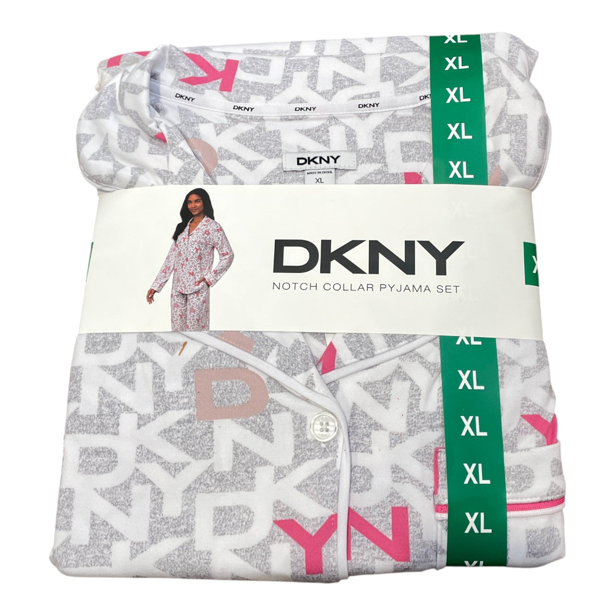 DKNY Women's 2 Piece Notched Collar Pyjama Set - Light Grey SIZE - Extra Large