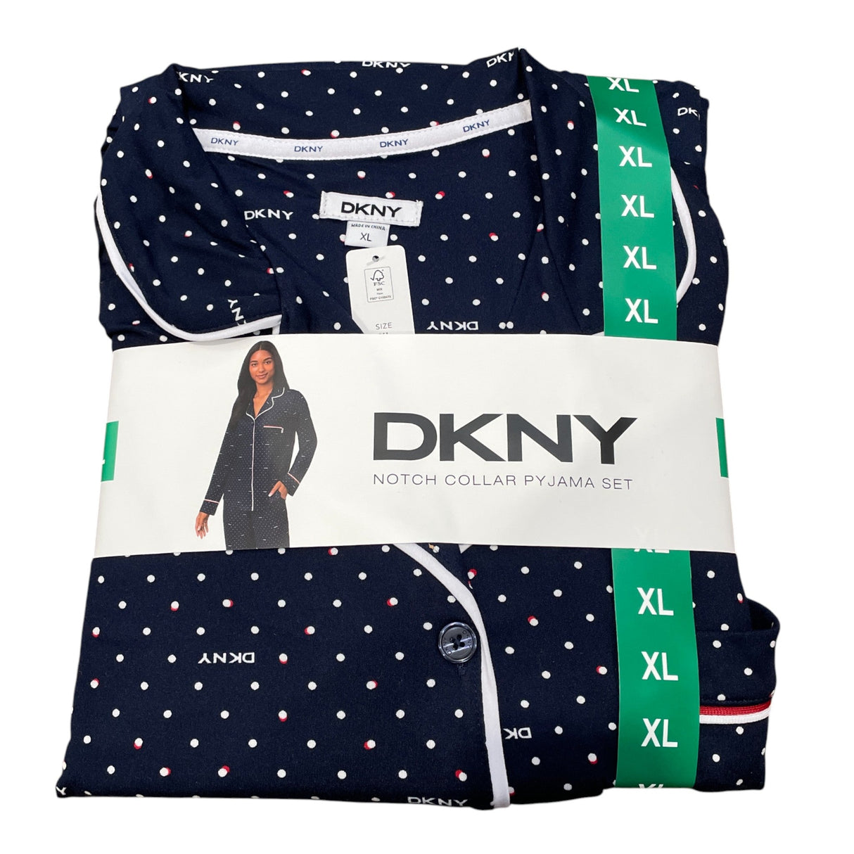 DKNY Women's 2 Piece Notched Collar Pyjama Set - Navy Polka Dots SIZE - Extra Large