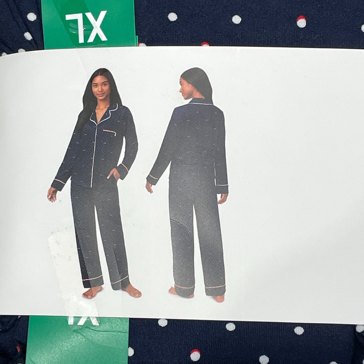 DKNY Women's 2 Piece Notched Collar Pyjama Set - Navy Polka Dots SIZE - Extra Large
