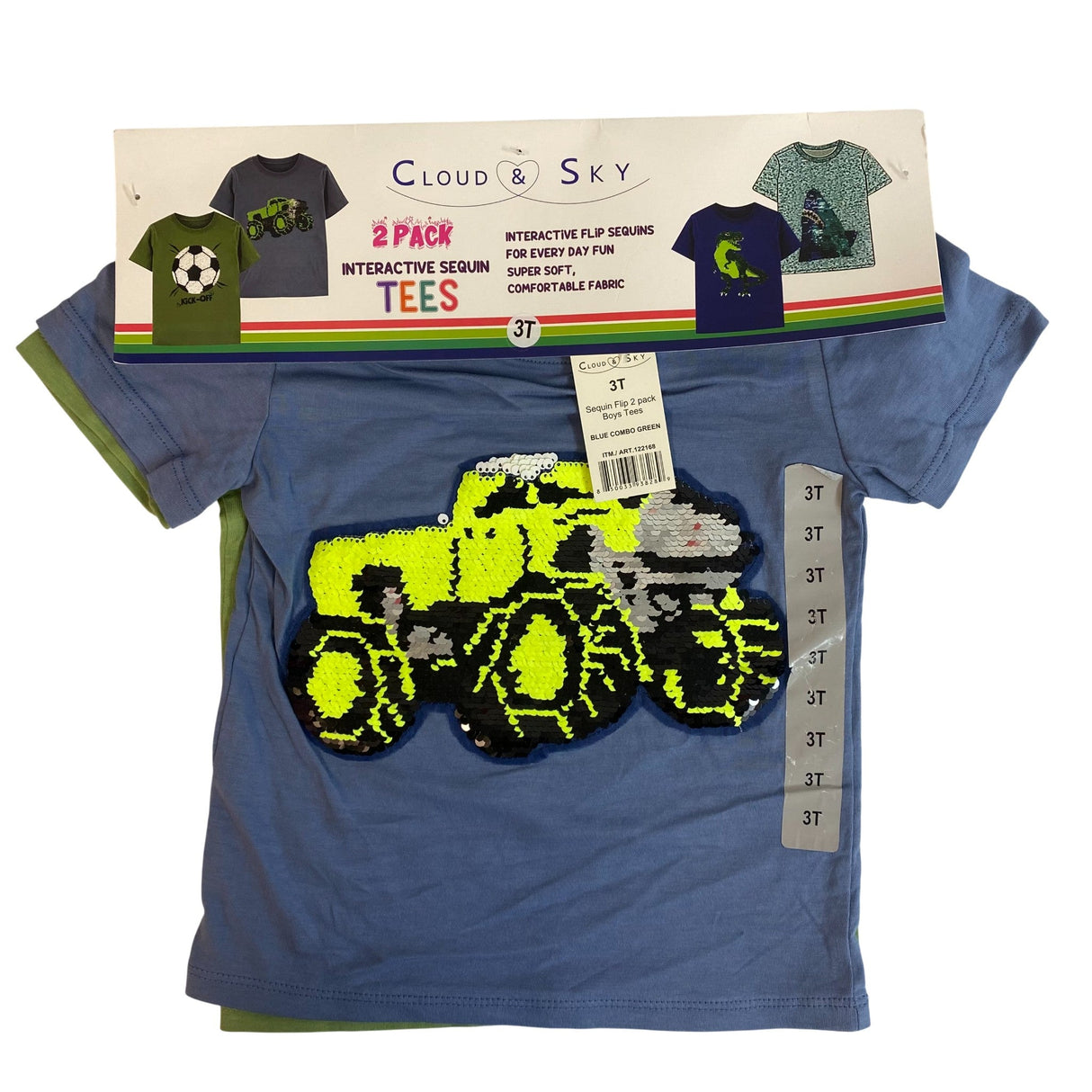 Cloud & Sky 2x Boys Sequin Flip Tees - Blue Combo Green SIZE - 3