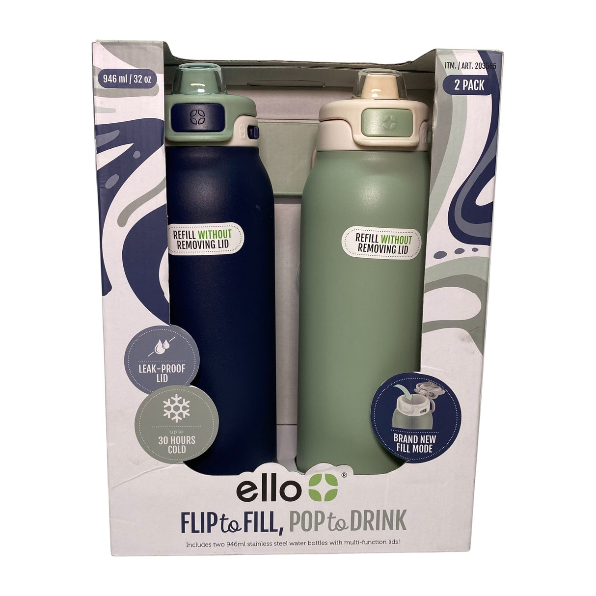 Ello 2 Pack Pop And Fill Water Bottle 946 ml Navy & Sage Green