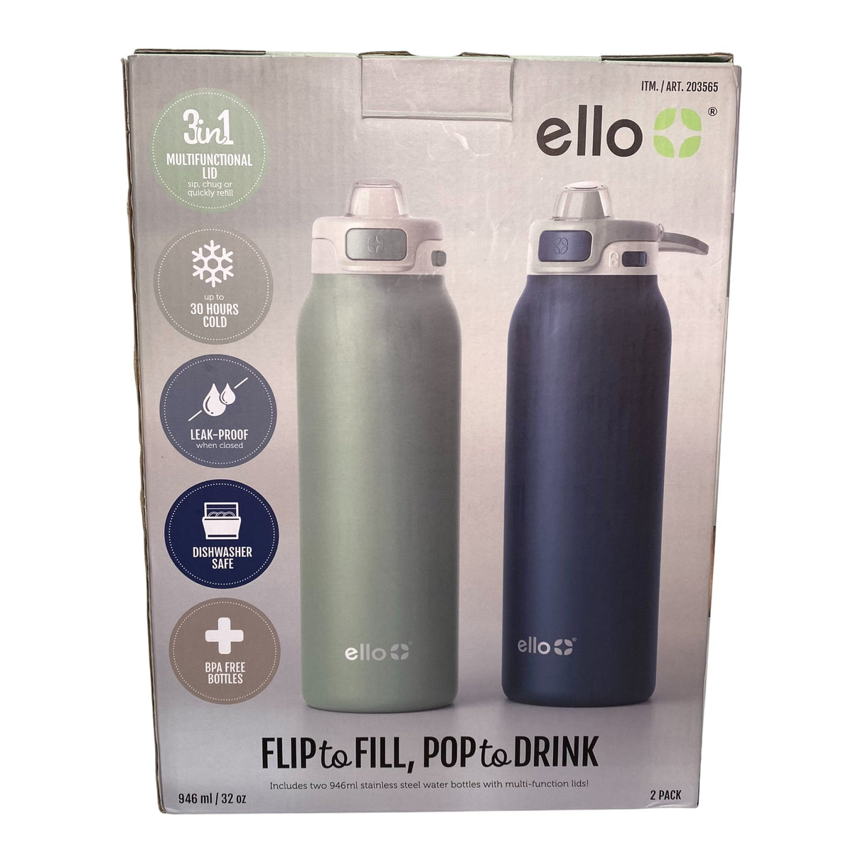Ello 2 Pack Pop And Fill Water Bottle 946 ml Navy & Sage Green