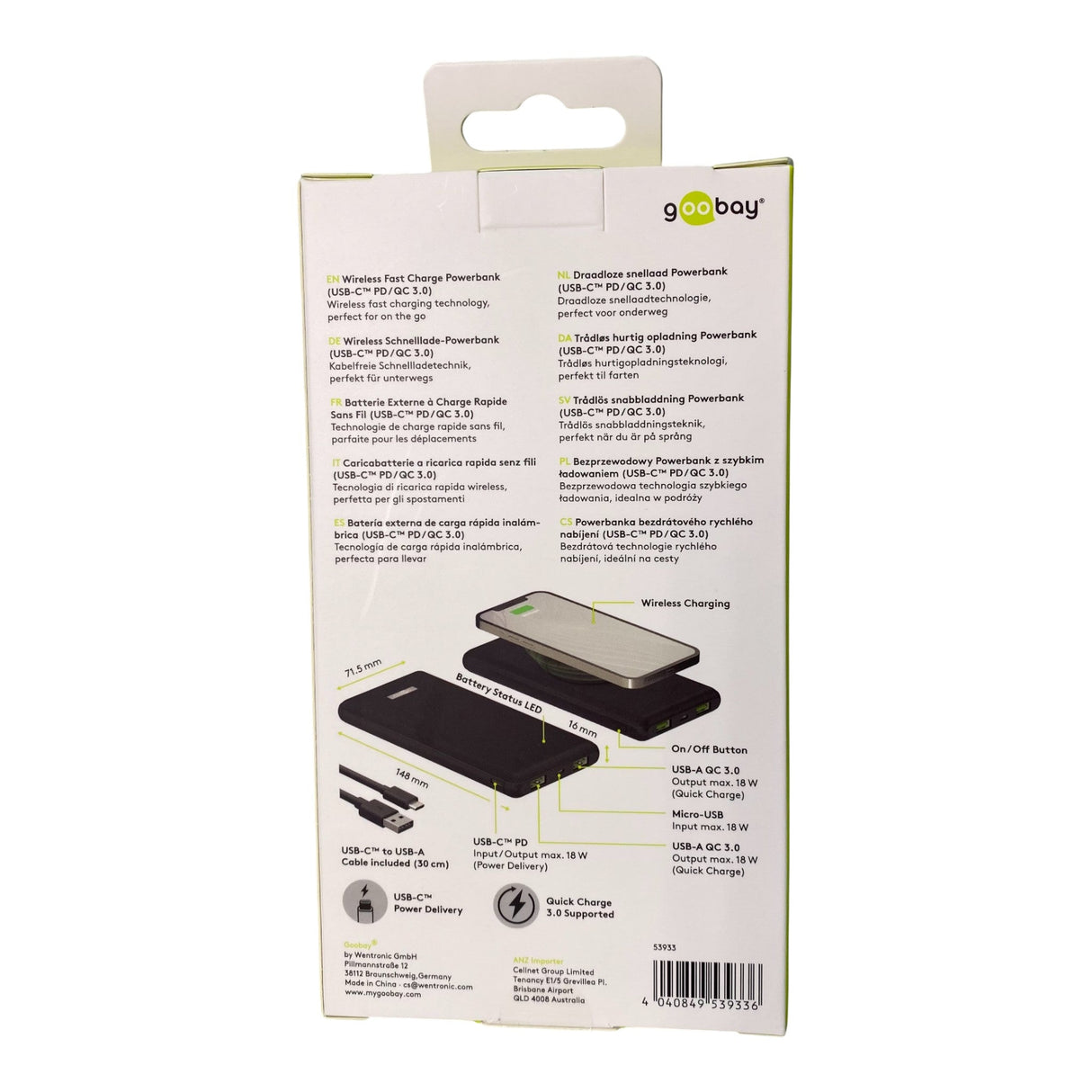 goobay 10,000mAh Powerbank with Wireless Charging