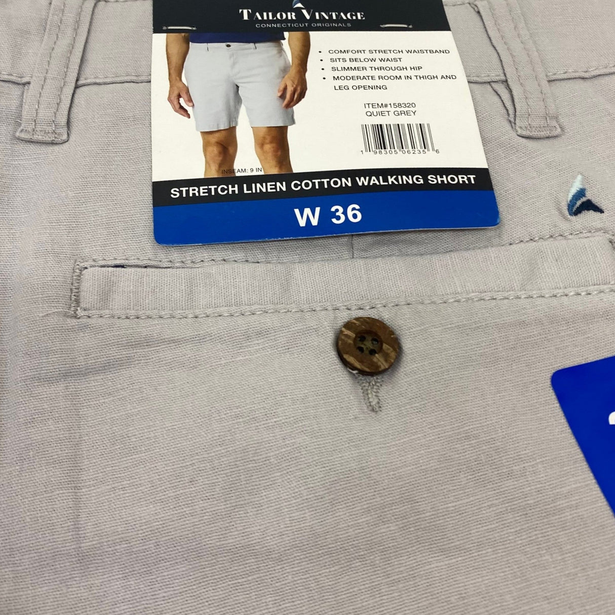 Tailor Vintage Men's Stretch Linen Cotton Walking Short - Quiet Grey SIZE - 36