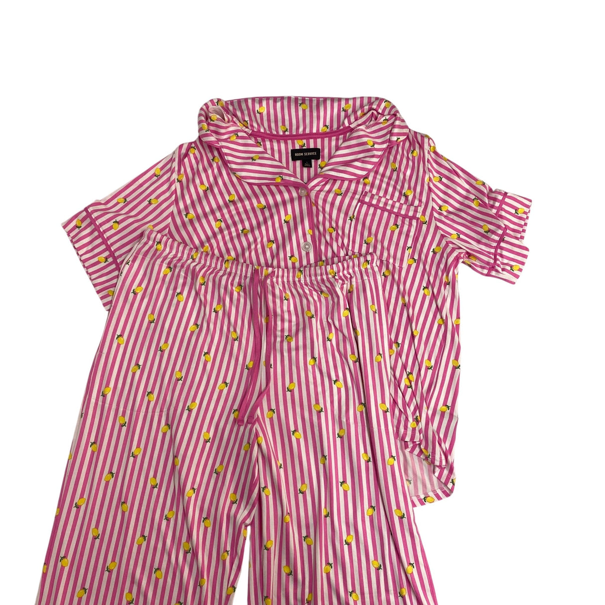 Room Service Women's Notch Collar PJ Set - Pink Stripe/Lemon SIZE - Large