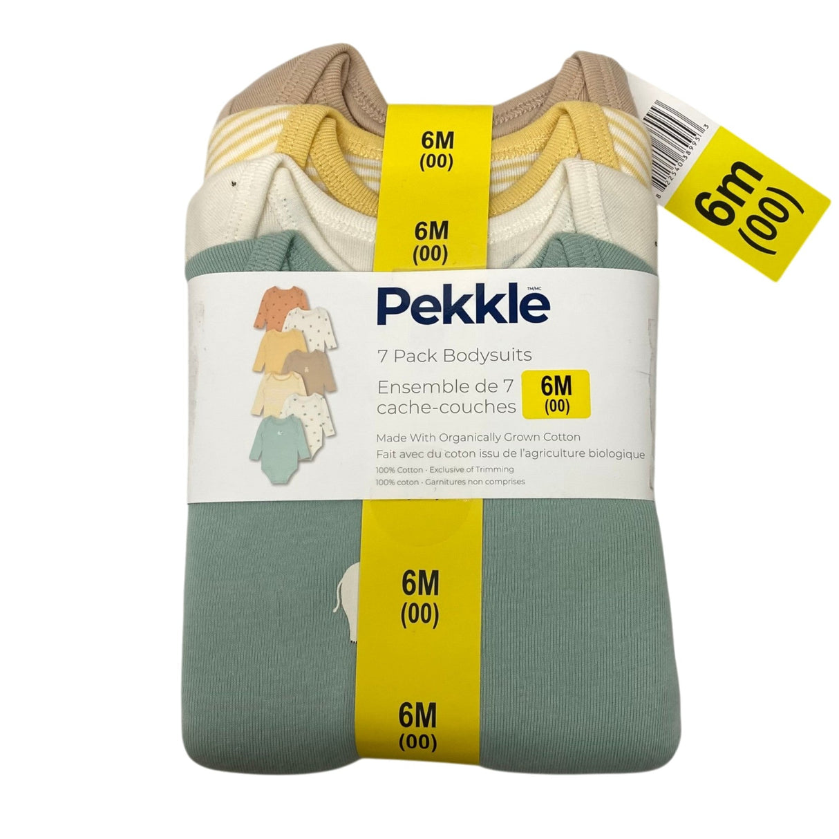 Pekkle Kid's 7 Pack Bodysuit Organic Cotton - Yellow - 6 Months SIZE - 6