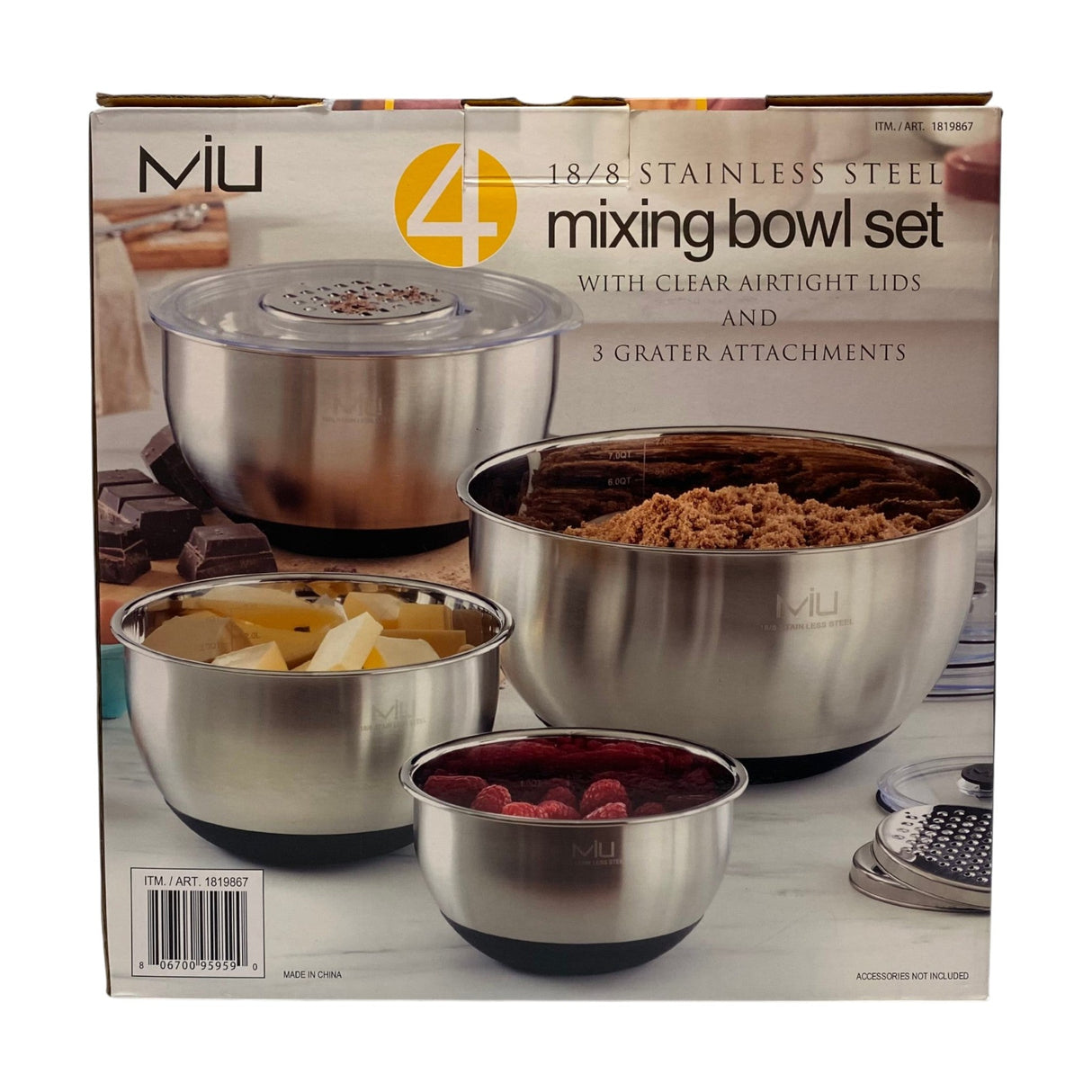 Miu 10 Piece Stainless Steel Mixing Bowl Set with Lids and Grater Attachments
