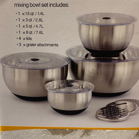 Miu 10 Piece Stainless Steel Mixing Bowl Set with Lids and Grater Attachments