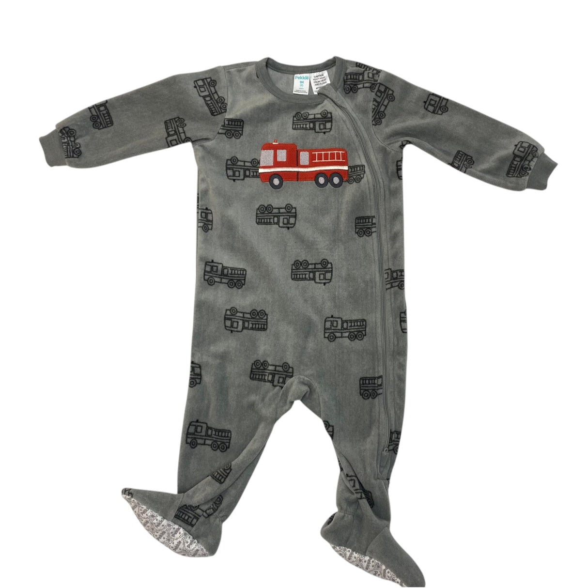 Pekkle Kid's Fleece Sleepsuit - Grey Firetruck - 9 Months SIZE - 9