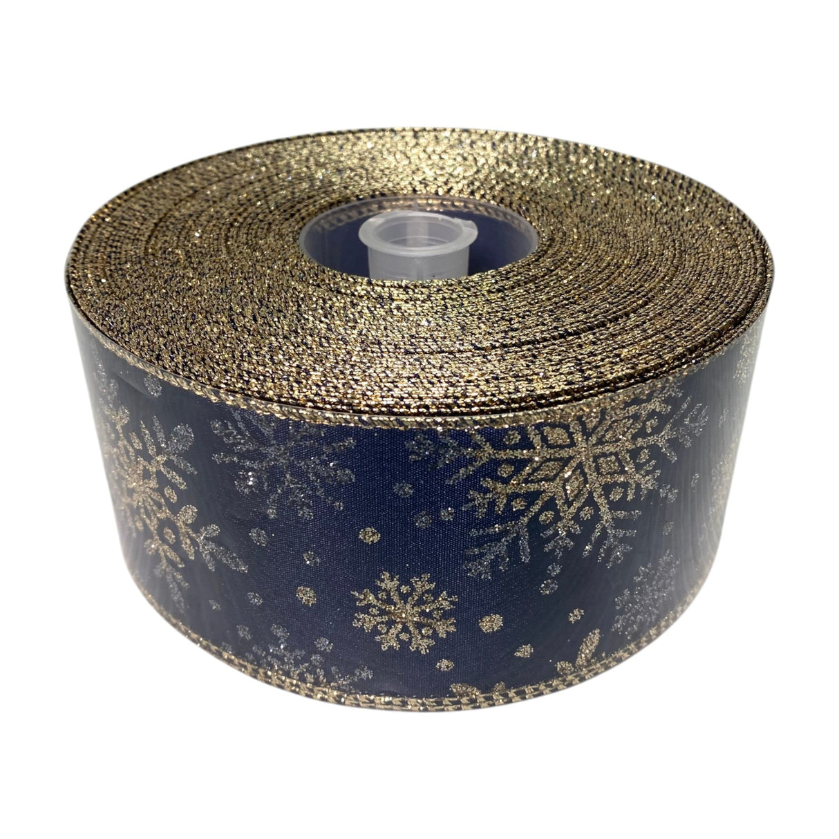 Holiday Wire-Edged Ribbon 6.3cm Wide - Navy Blue with Gold Snowflakes