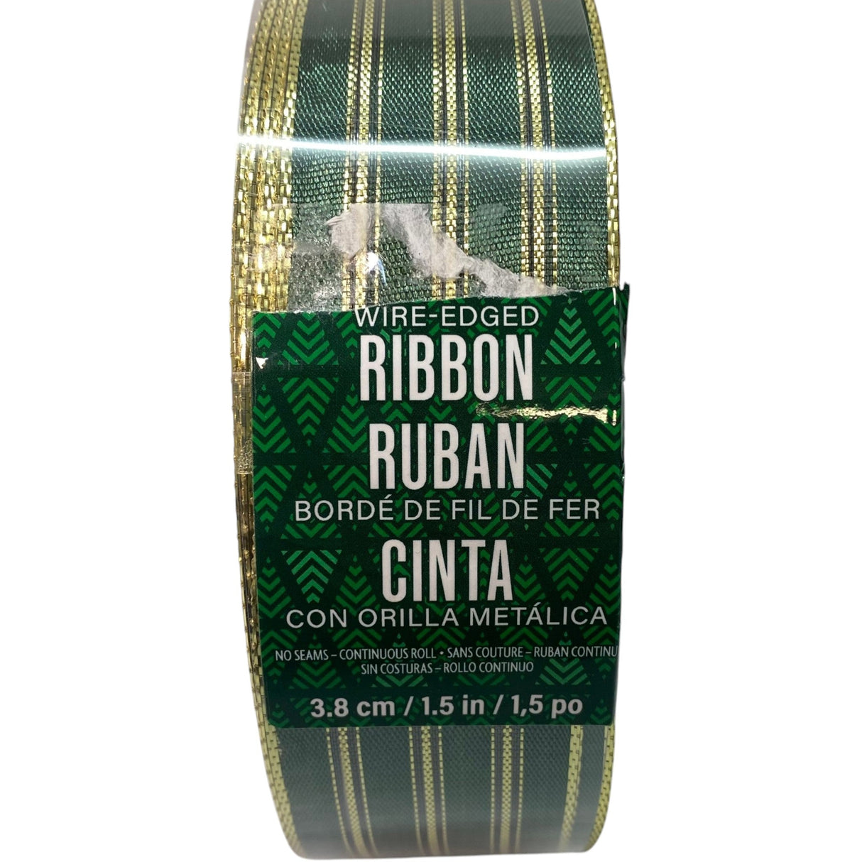 Holiday Wire-Edged Ribbon 3.8cm Wide - Green & Gold Stripe