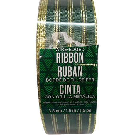 Holiday Wire-Edged Ribbon 3.8cm Wide - Green & Gold Stripe