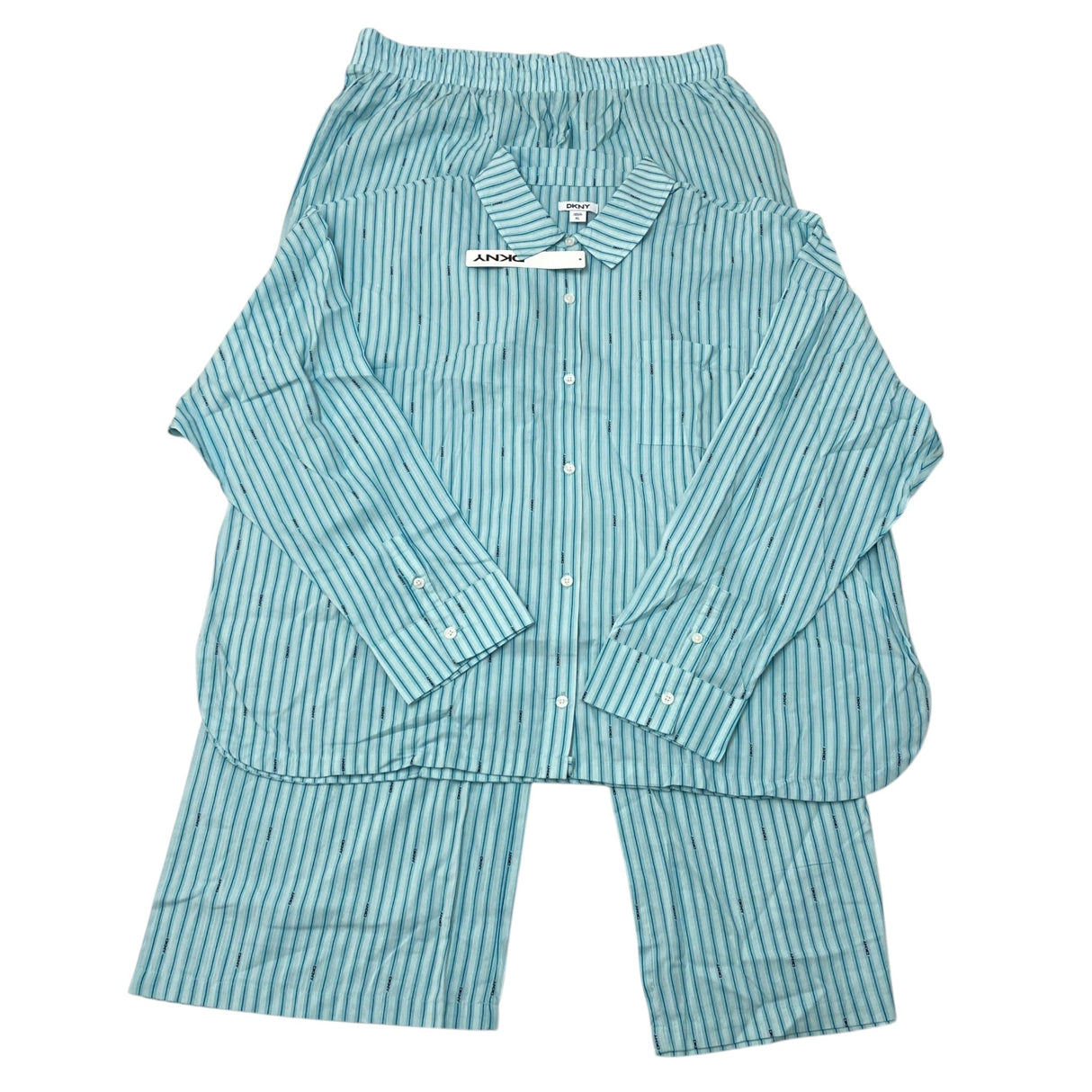 DKNY Women's 2 Piece Lightweight Woven Pyjama Set - Green Stripe SIZE - Extra Large