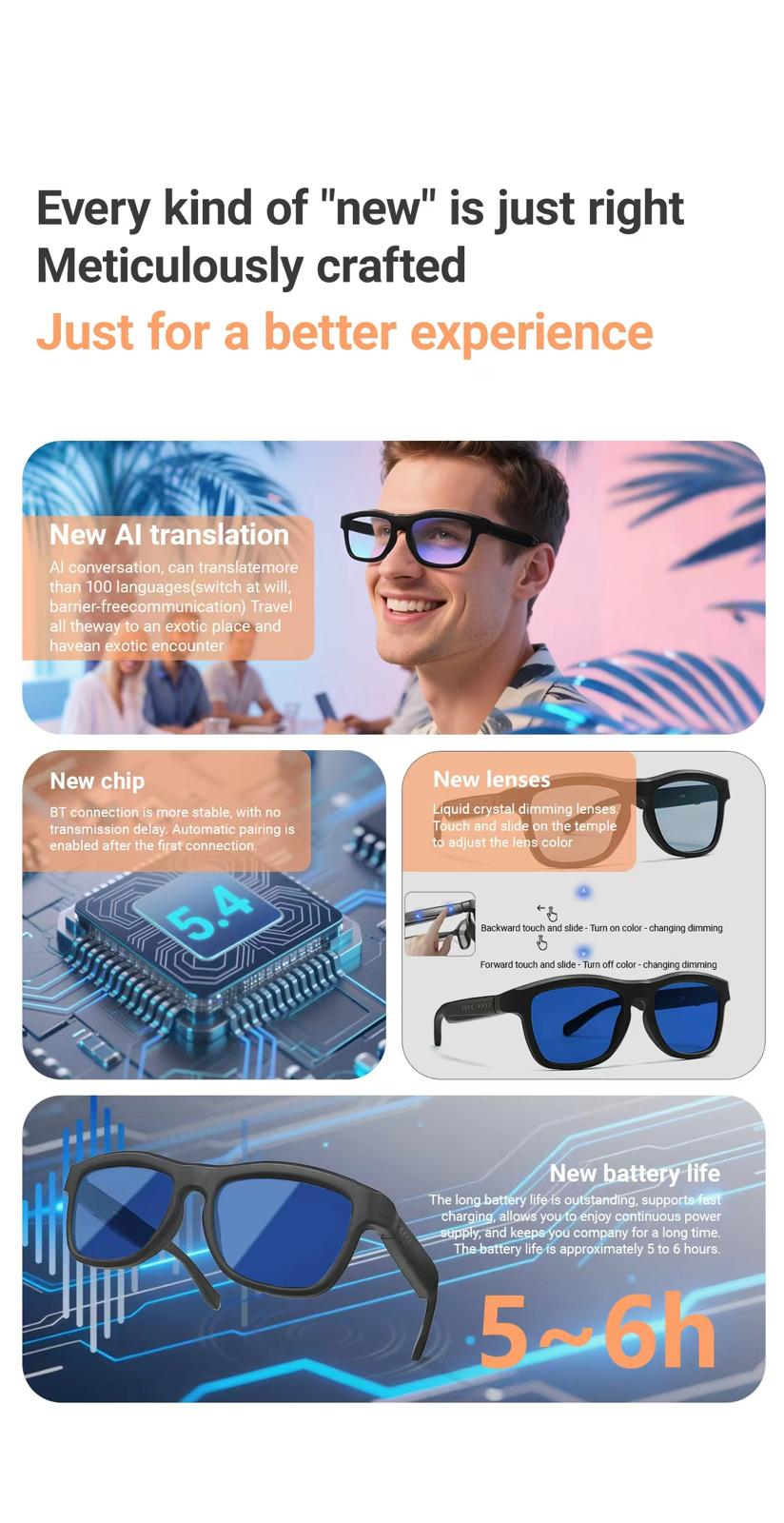 AI Intelligent Touch-Dimming Glasses with Built in Headphones GV90