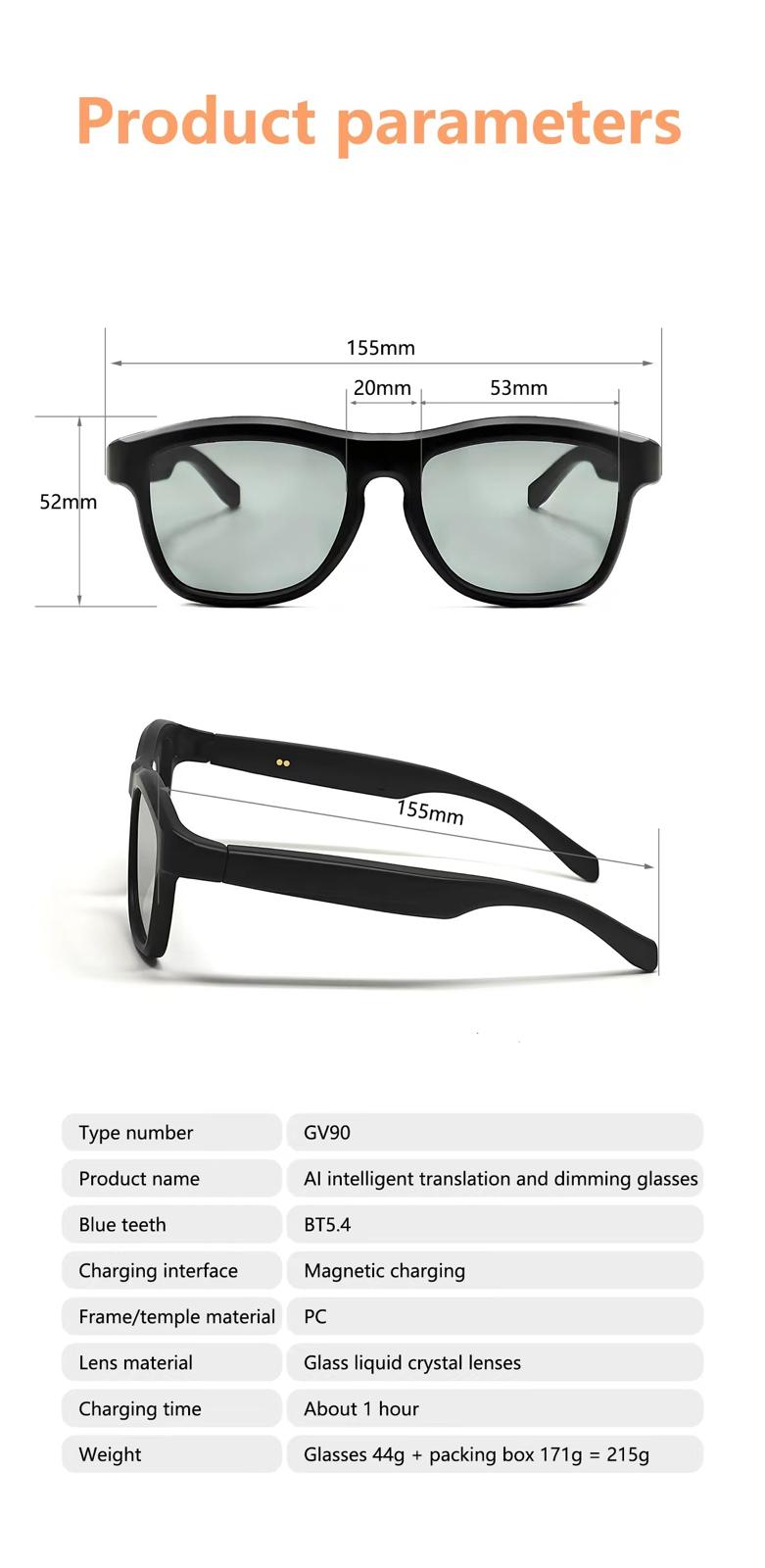AI Intelligent Touch-Dimming Glasses with Built in Headphones GV90